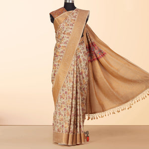 Cream Festive Wear Floral Digital Printed Woven Silk Saree