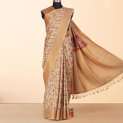 Cream Festive Wear Floral Digital Printed Woven Silk Saree