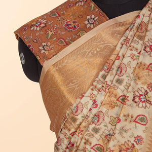 Cream Festive Wear Floral Digital Printed Woven Silk Saree