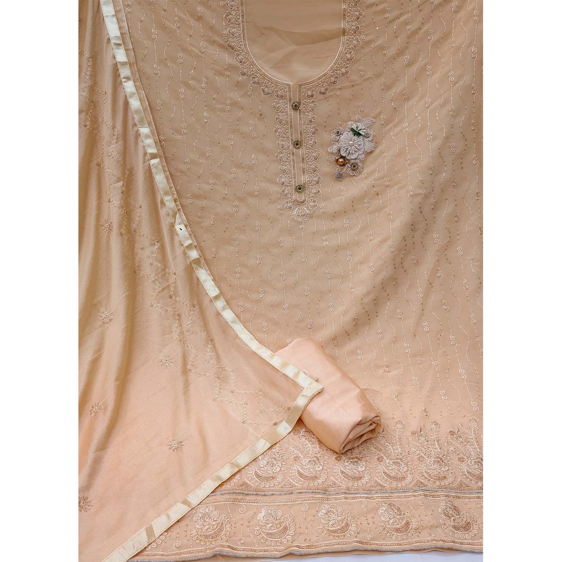 Cream Festive Wear Floral Embroidered Georgette Dress Material