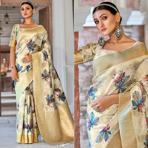 Cream Festive Wear Floral Printed With Woven With Woven Jacquard Saree