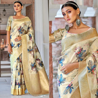 Cream Festive Wear Floral Printed With Woven With Woven Jacquard Saree