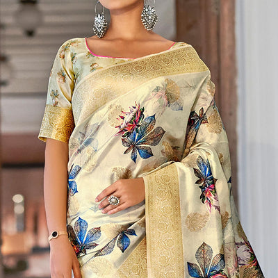 Cream Festive Wear Floral Printed With Woven With Woven Jacquard Saree
