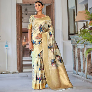 Cream Festive Wear Floral Printed With Woven With Woven Jacquard Saree