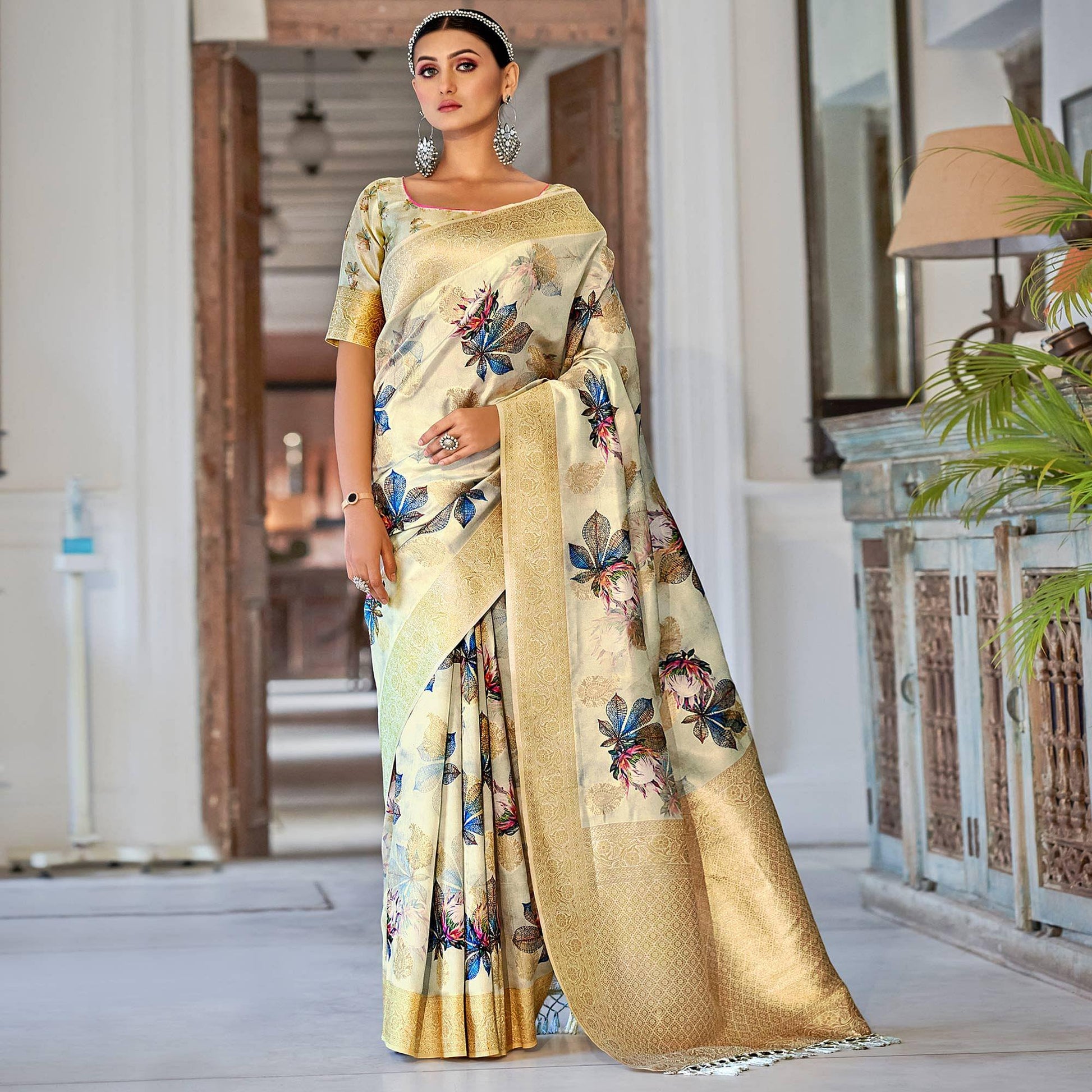 Cream Festive Wear Floral Printed With Woven With Woven Jacquard Saree