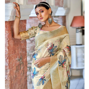 Cream Festive Wear Floral Printed With Woven With Woven Jacquard Saree