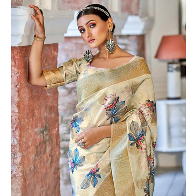 Cream Festive Wear Floral Printed With Woven With Woven Jacquard Saree