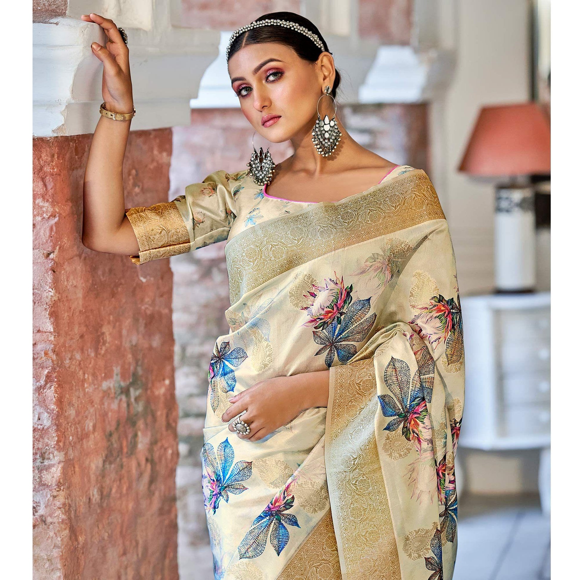 Cream Festive Wear Floral Printed With Woven With Woven Jacquard Saree
