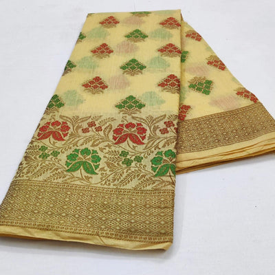 Cream Festive Wear Floral Woven Cotton Saree With Meena Butta Pallu