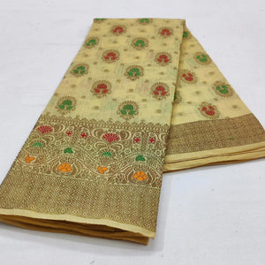 Cream Festive Wear Floral Woven Cotton Saree With Meena Butta Pallu