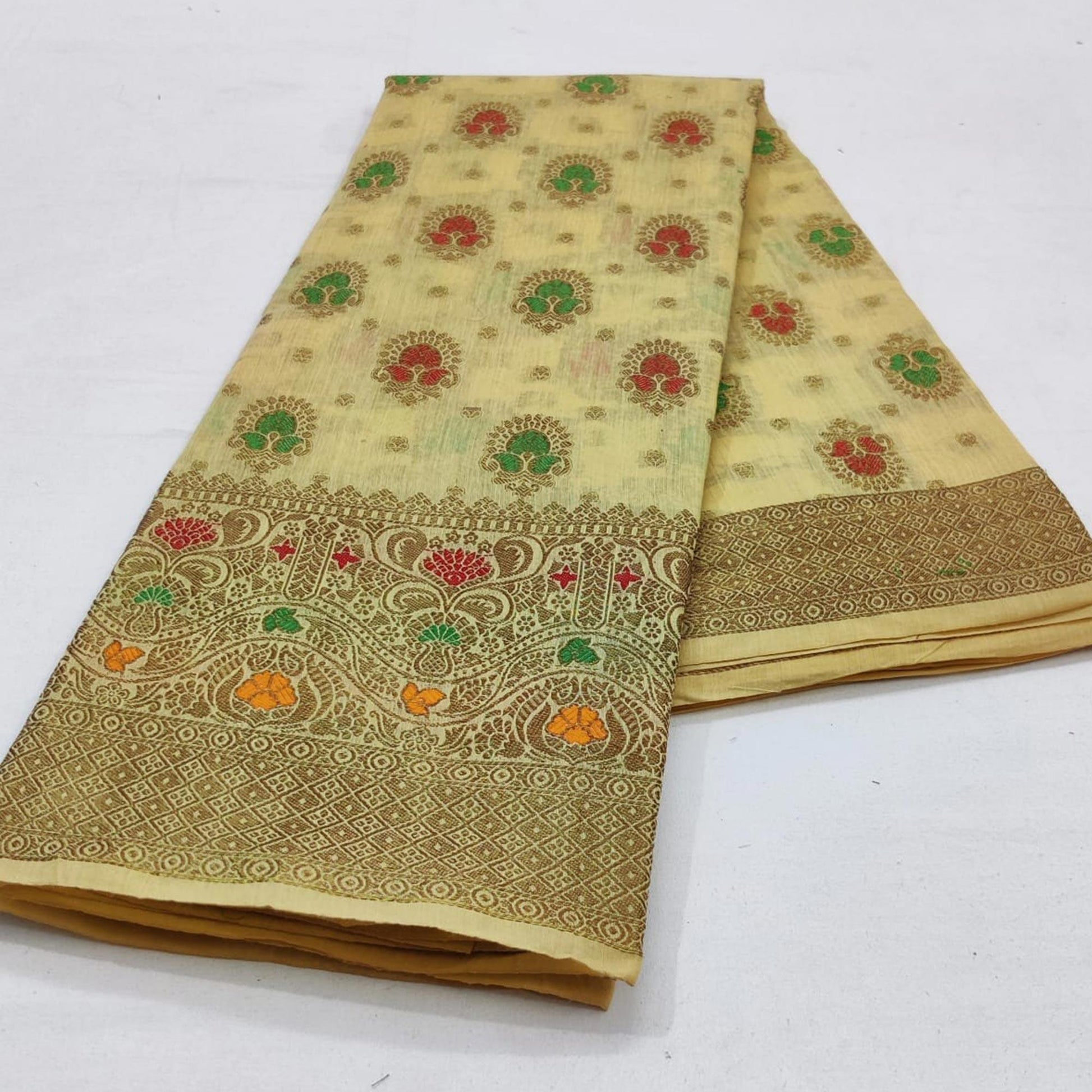 Cream Festive Wear Floral Woven Cotton Saree With Meena Butta Pallu