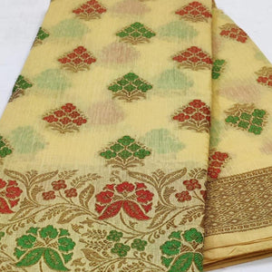 Cream Festive Wear Floral Woven Cotton Saree With Meena Butta Pallu