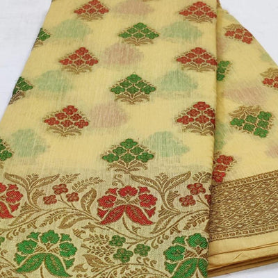 Cream Festive Wear Floral Woven Cotton Saree With Meena Butta Pallu