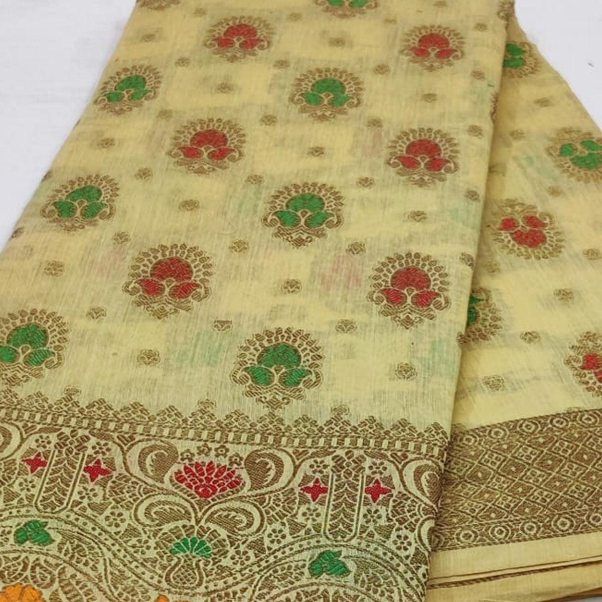 Cream Festive Wear Floral Woven Cotton Saree With Meena Butta Pallu