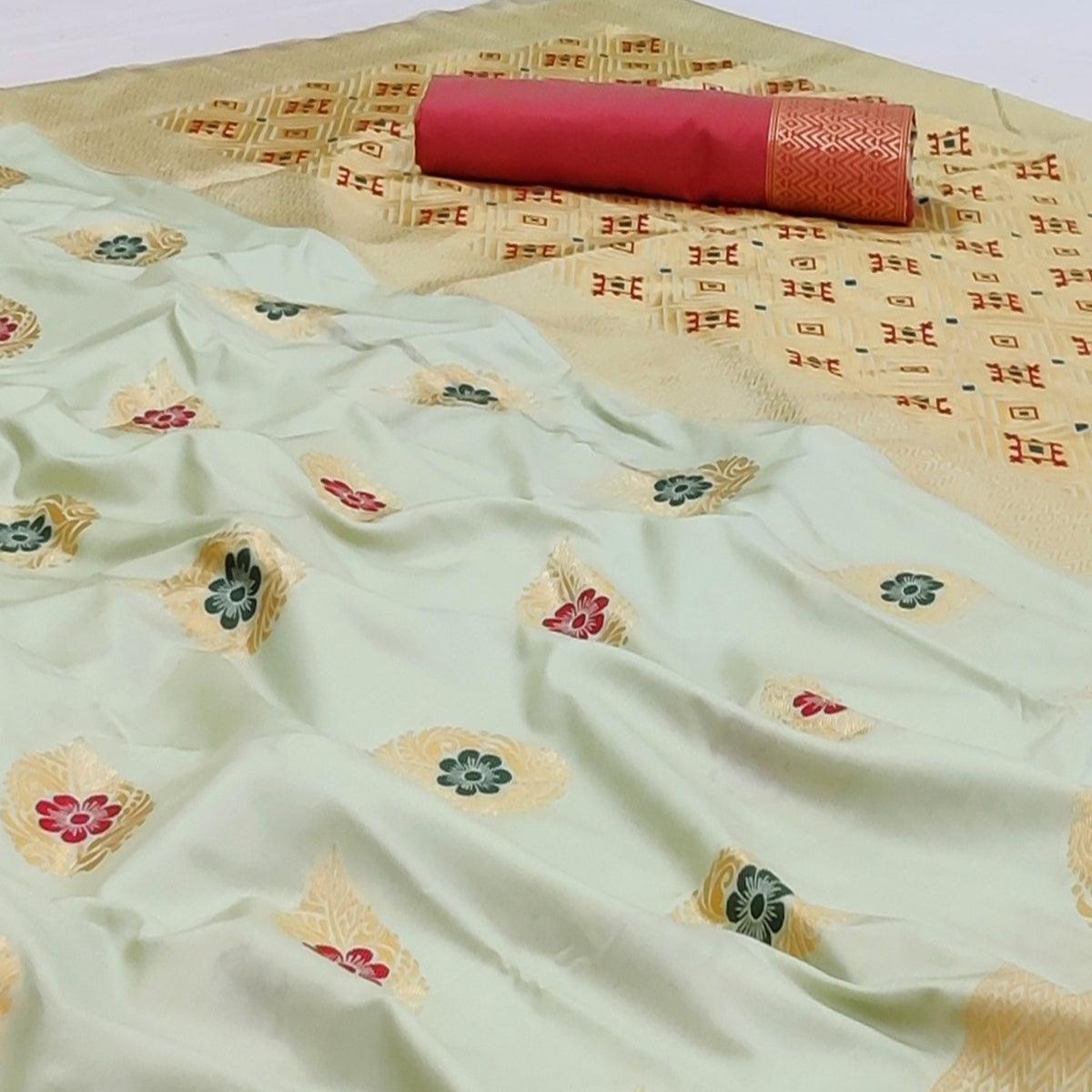 Cream Festive Wear Floral Woven Soft Silk Banarasi Saree