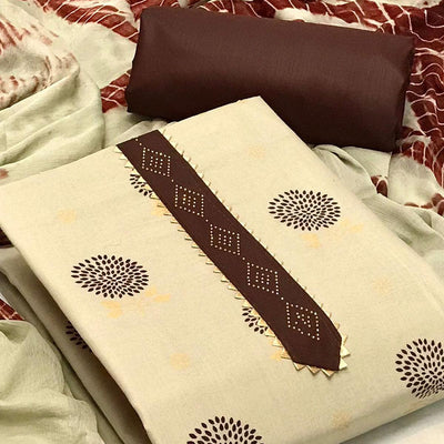 Cream Festive Wear Foil Printed & Embellished Cotton Dress Material