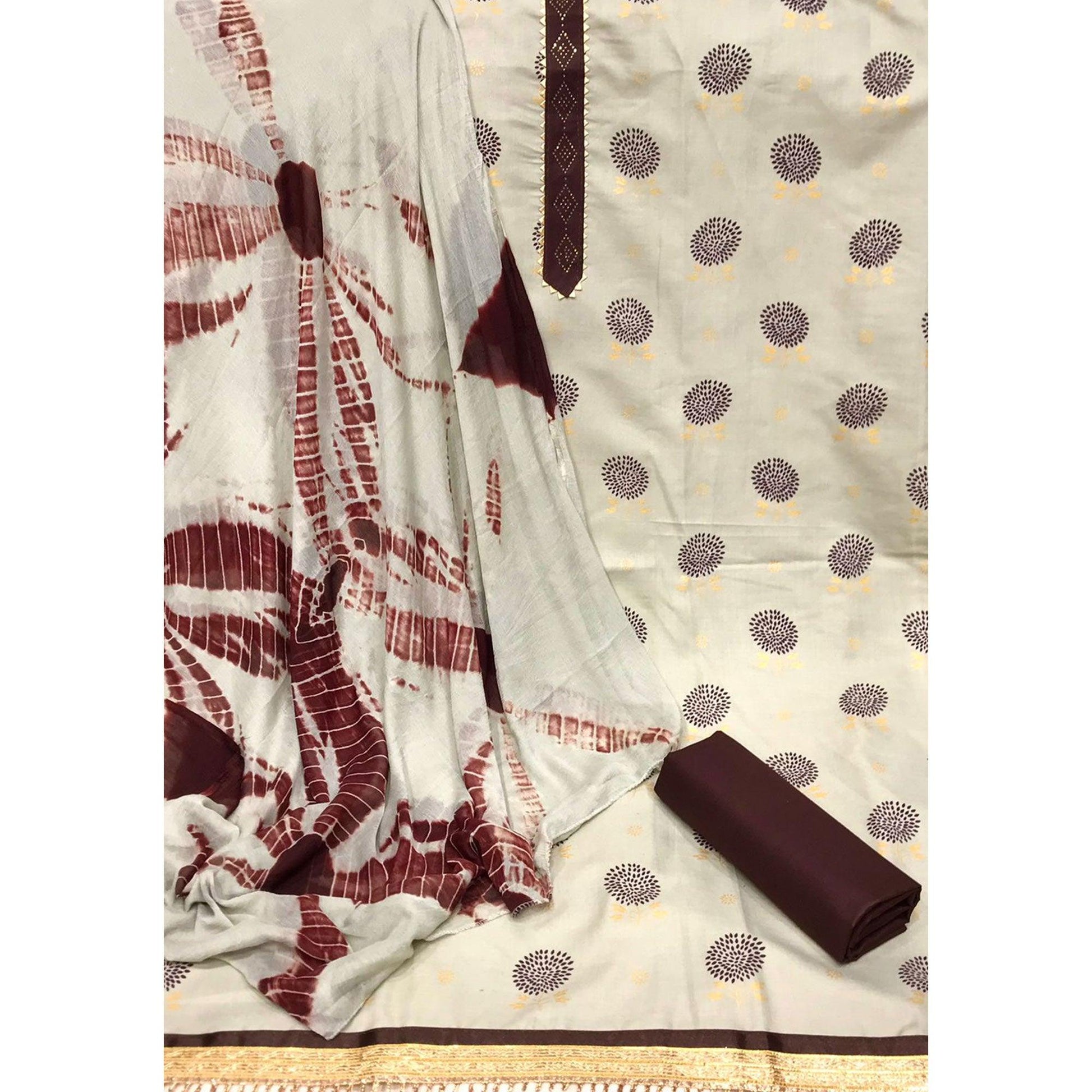 Cream Festive Wear Foil Printed & Embellished Cotton Dress Material