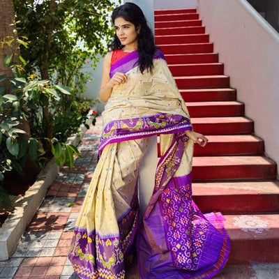 Cream Festive Wear Hand Block Printed Cotton Linen Saree