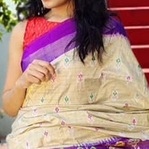 Cream Festive Wear Hand Block Printed Cotton Linen Saree