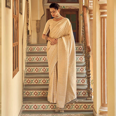 Cream Festive Wear Kanjivaram Blended Silk Saree With Tassels