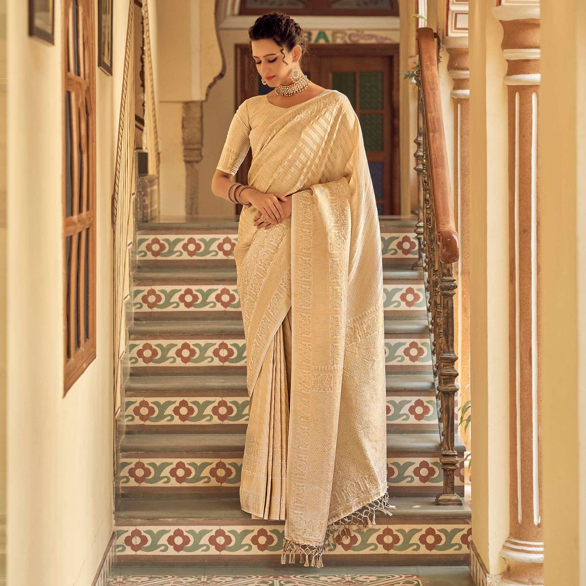 Cream Festive Wear Kanjivaram Blended Silk Saree With Tassels