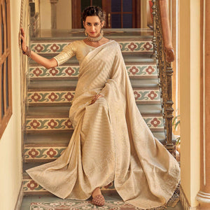 Cream Festive Wear Kanjivaram Blended Silk Saree With Tassels