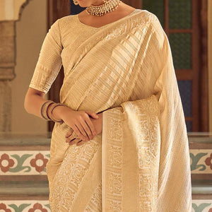 Cream Festive Wear Kanjivaram Blended Silk Saree With Tassels