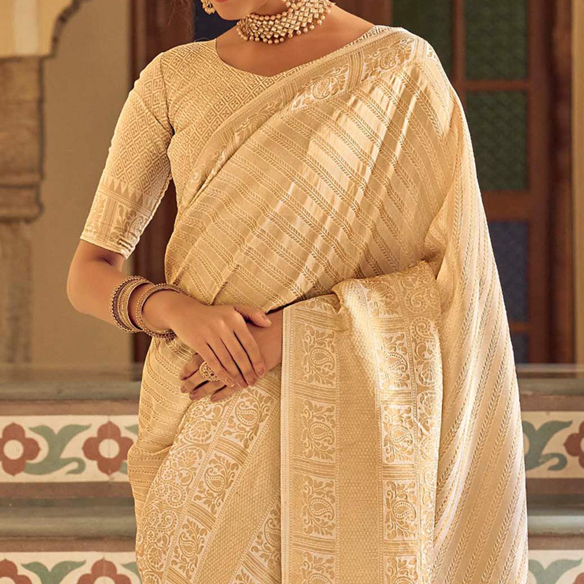 Cream Festive Wear Kanjivaram Blended Silk Saree With Tassels