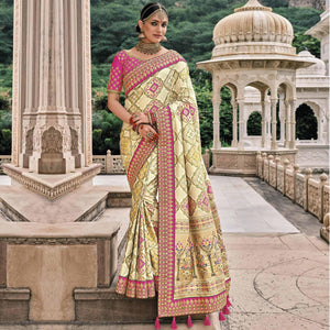 Cream Festive Wear Plain & Hand Work  Pure Silk Saree