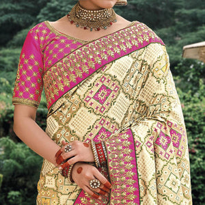 Cream Festive Wear Plain & Hand Work  Pure Silk Saree