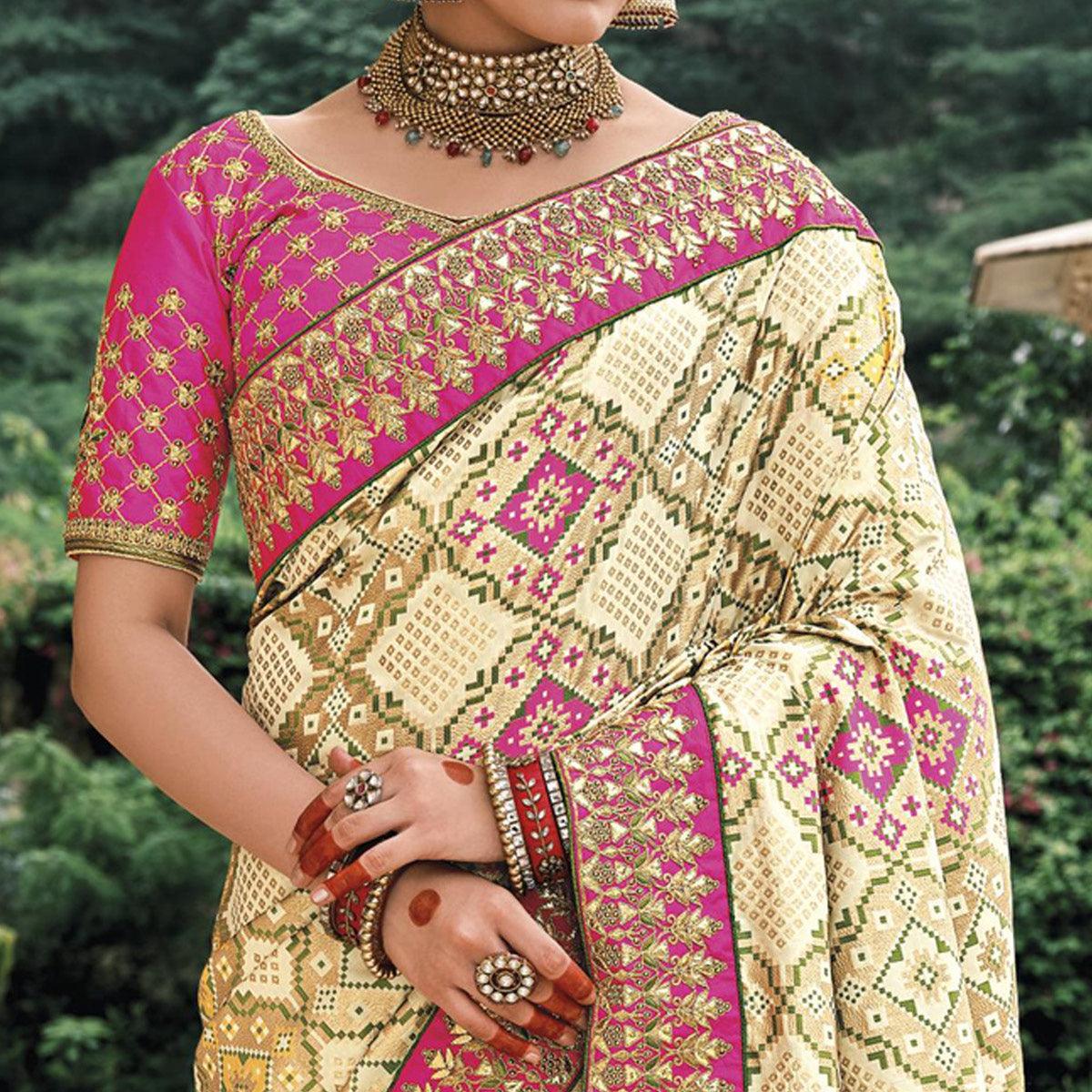 Cream Festive Wear Plain & Hand Work  Pure Silk Saree