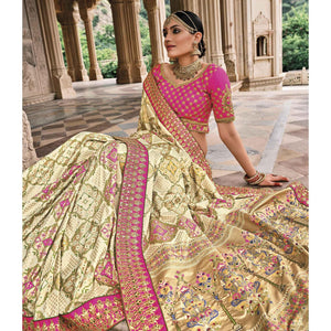 Cream Festive Wear Plain & Hand Work  Pure Silk Saree
