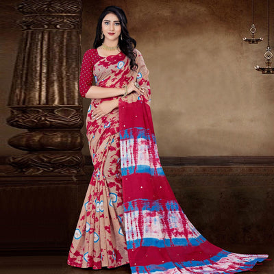 Cream Festive Wear Print With Mirror Work Cotton Silk Saree