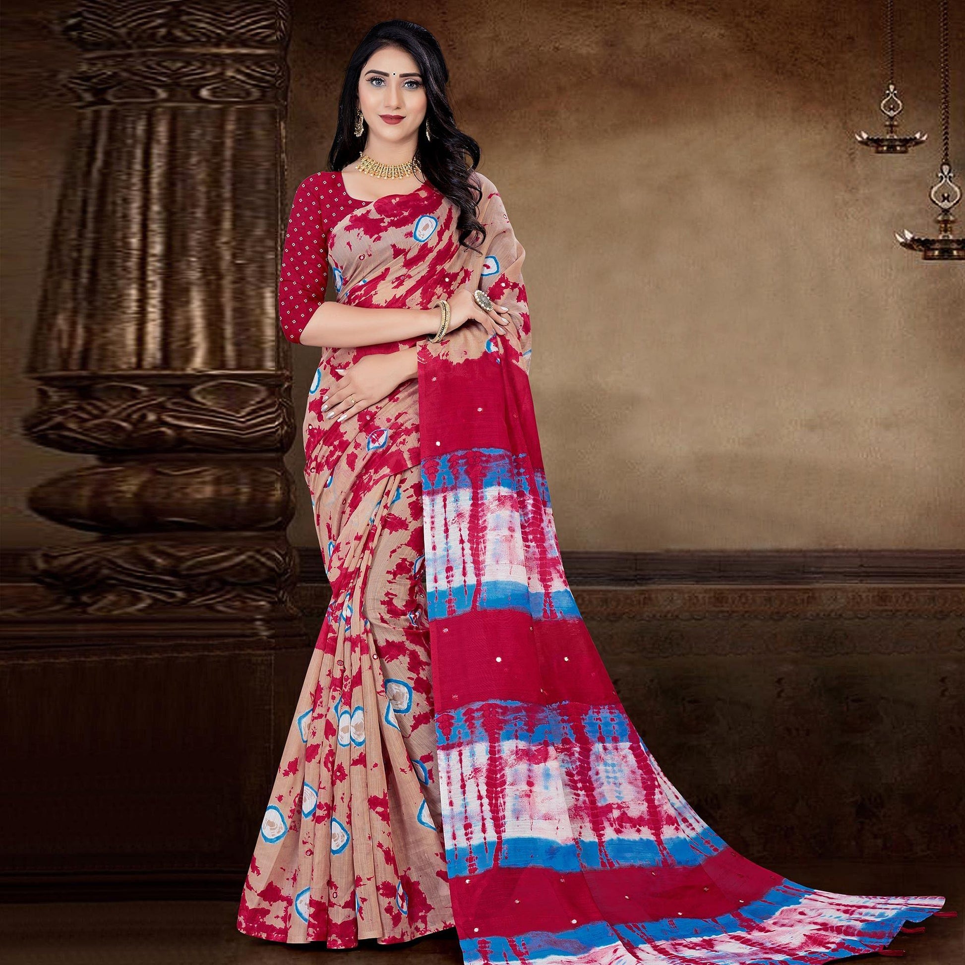 Cream Festive Wear Print With Mirror Work Cotton Silk Saree