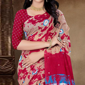 Cream Festive Wear Print With Mirror Work Cotton Silk Saree