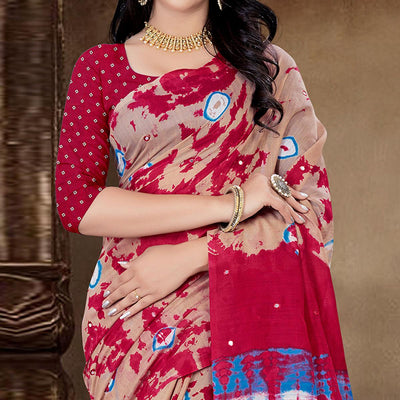 Cream Festive Wear Print With Mirror Work Cotton Silk Saree