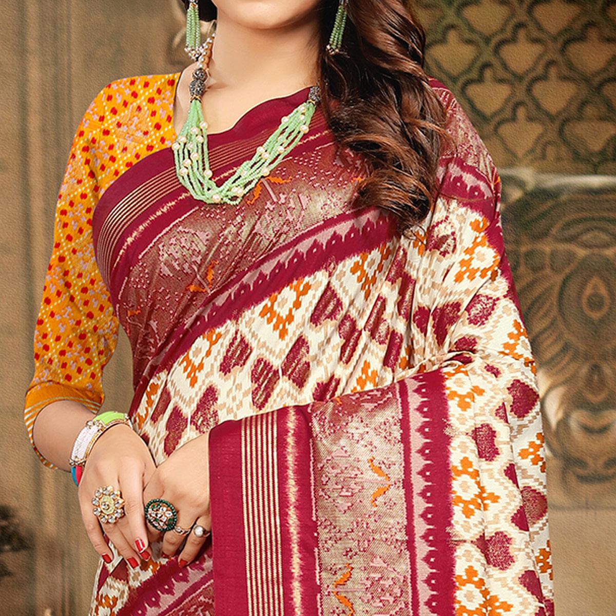 Cream Festive Wear Printed Bhagalpuri Silk Saree