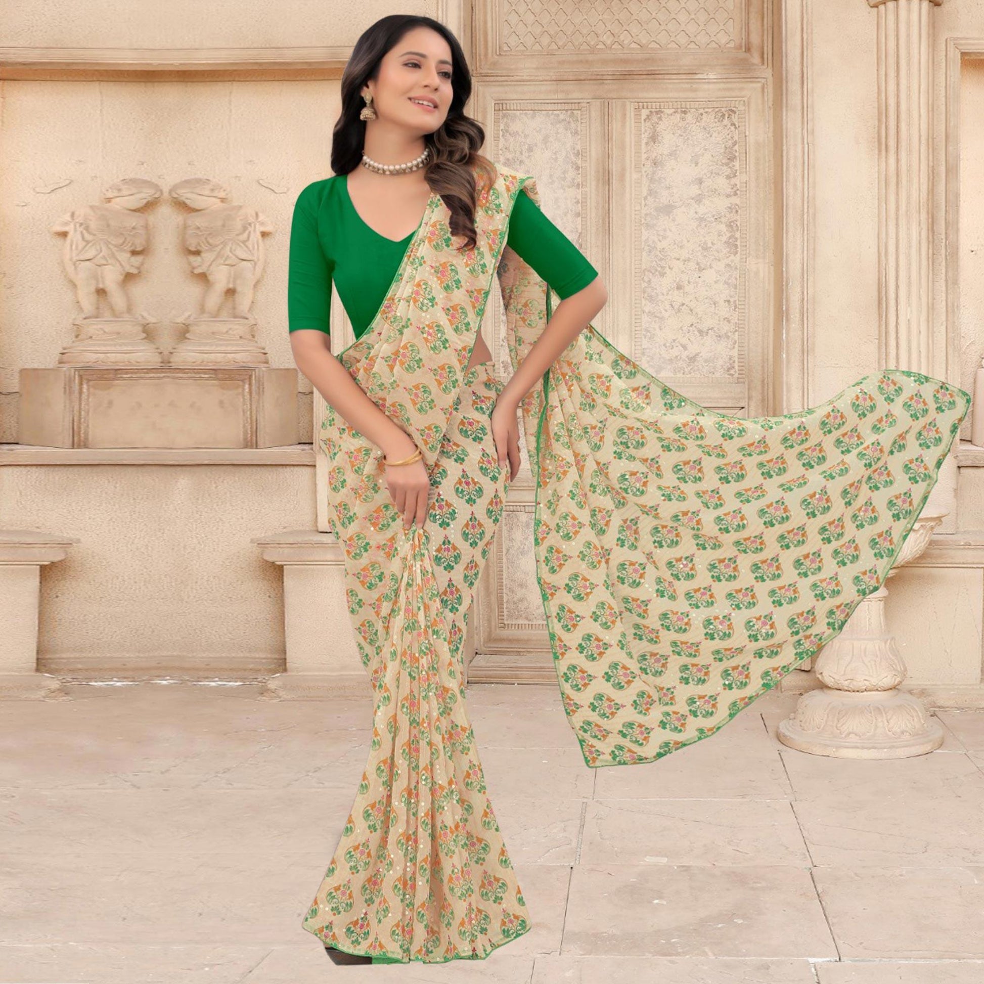 Cream Festive Wear Printed With Sequins Georgette Saree