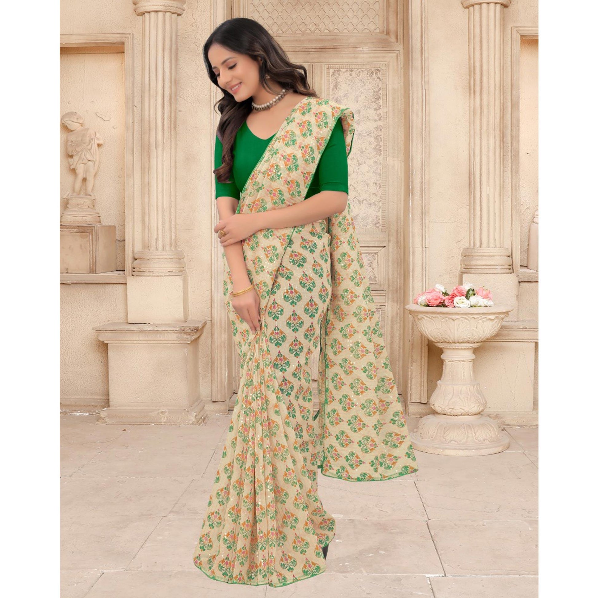 Cream Festive Wear Printed With Sequins Georgette Saree