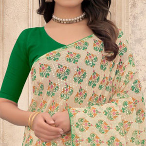 Cream Festive Wear Printed With Sequins Georgette Saree