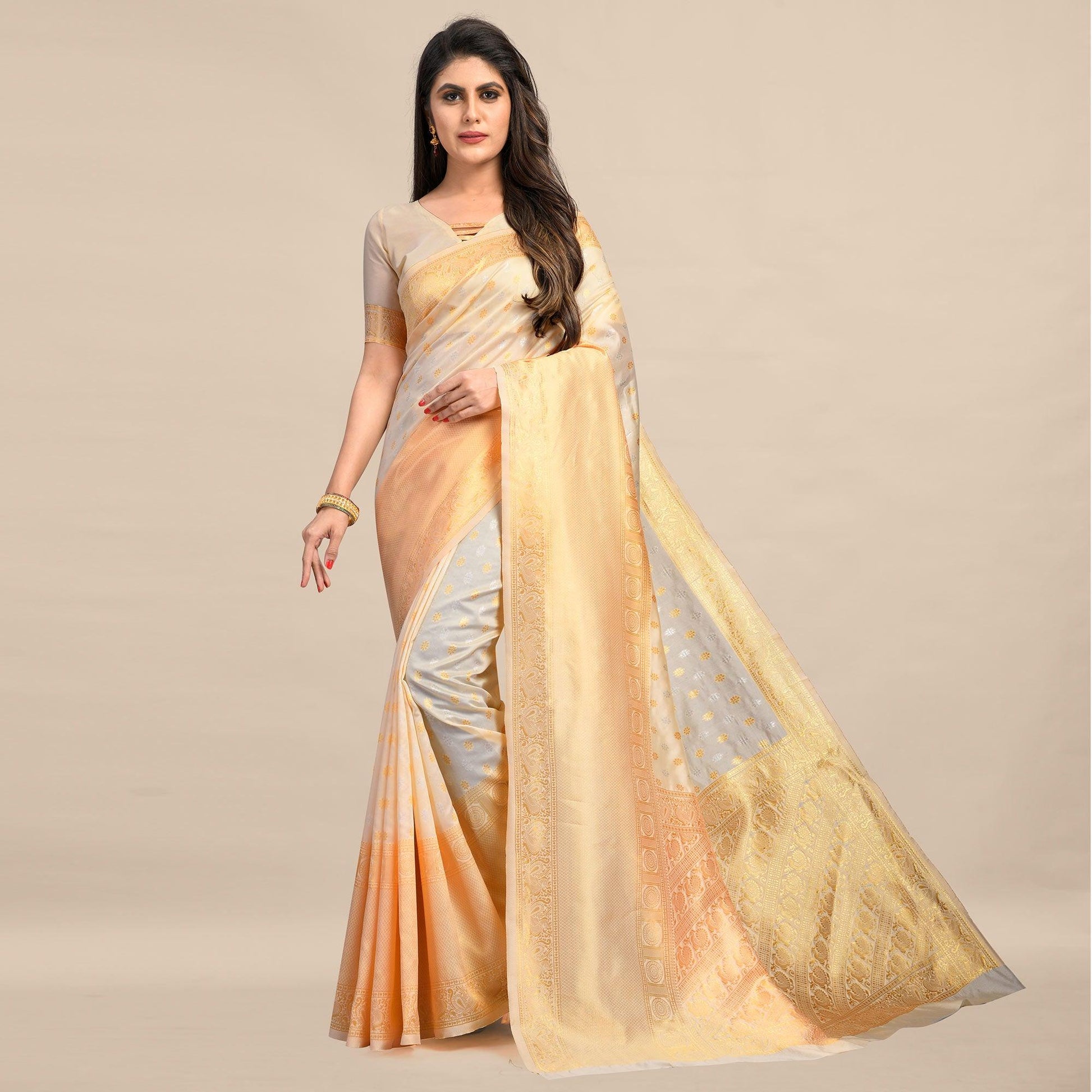 Cream Festive Wear Rich Woven Border Soft Banarasi Silk Saree