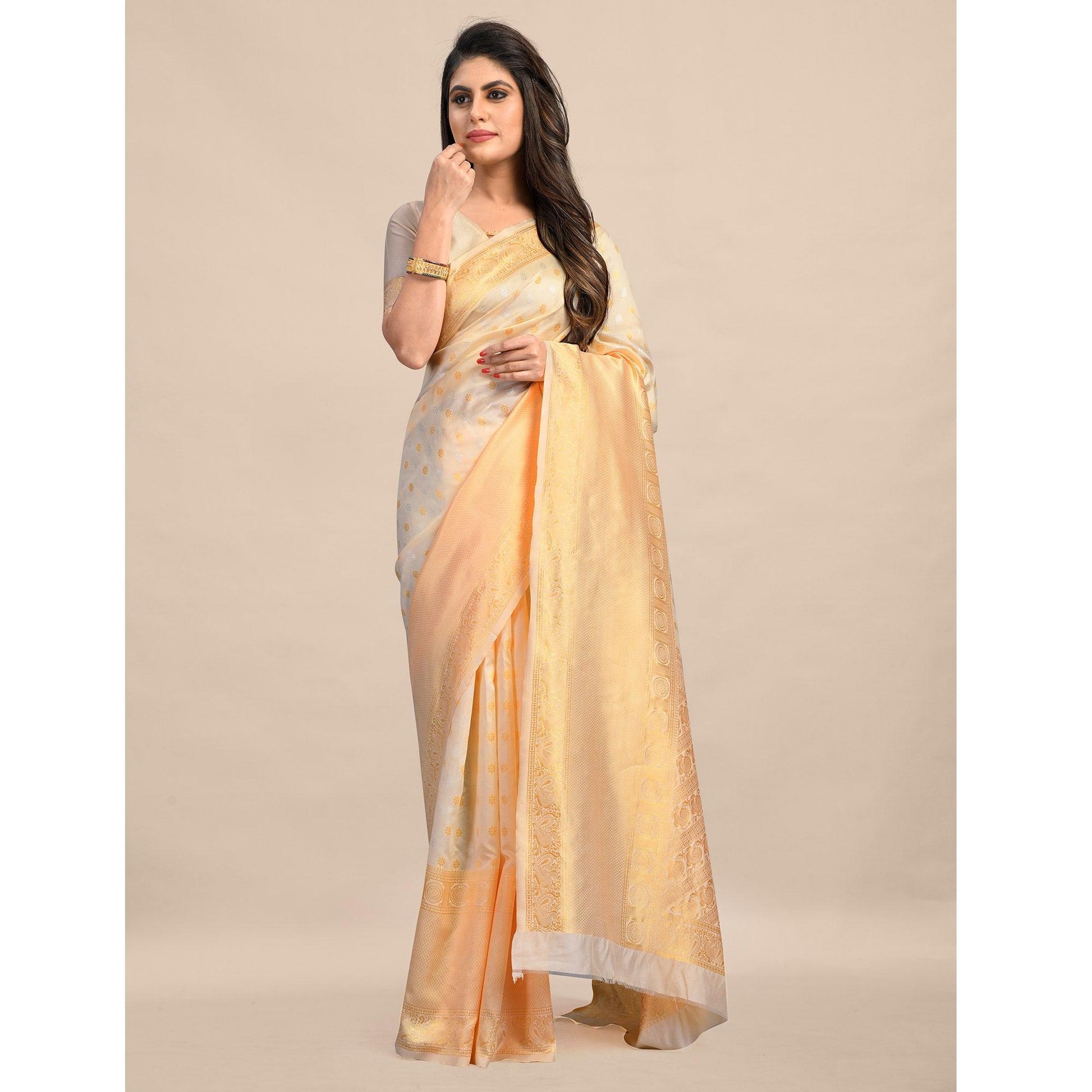 Cream Festive Wear Rich Woven Border Soft Banarasi Silk Saree