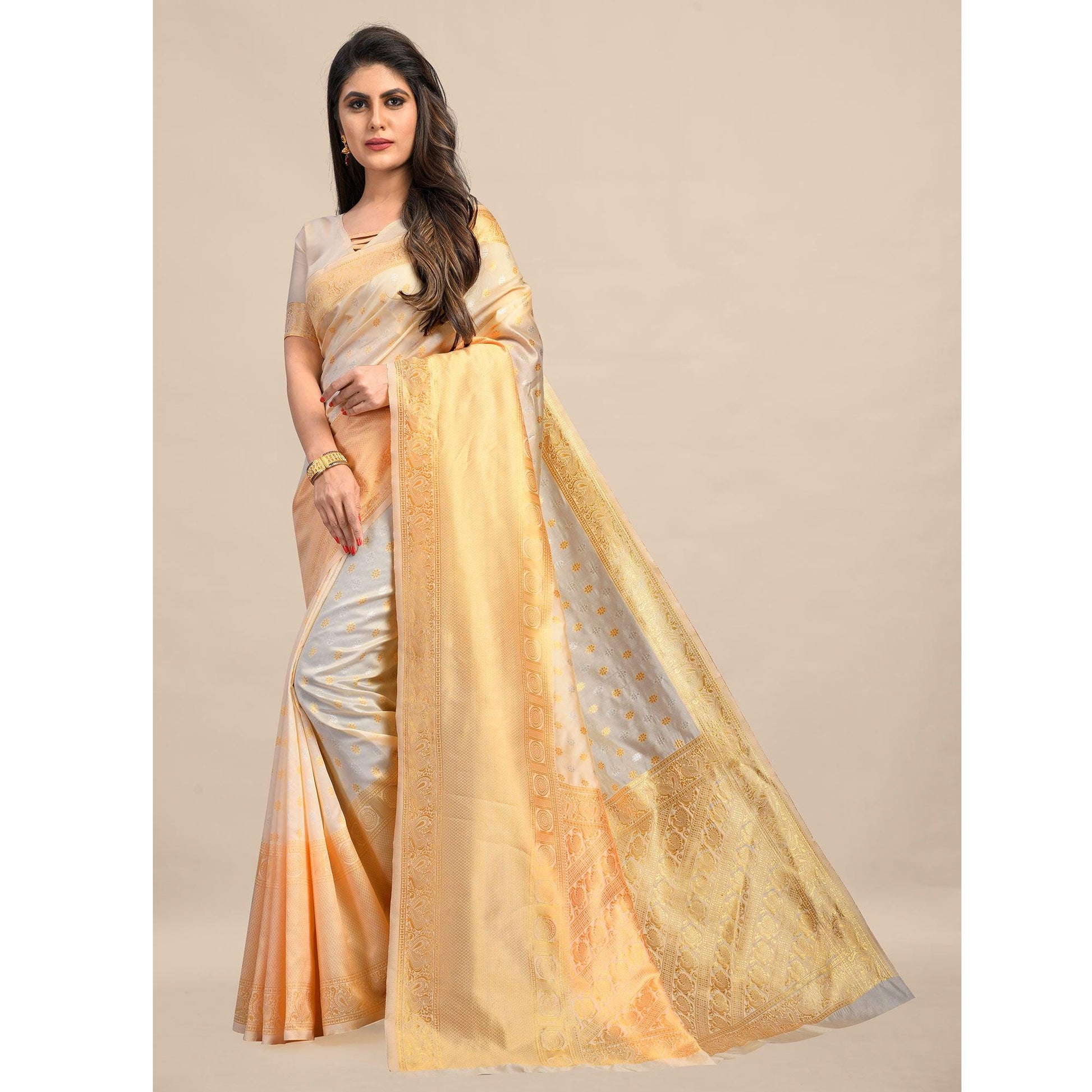 Cream Festive Wear Rich Woven Border Soft Banarasi Silk Saree
