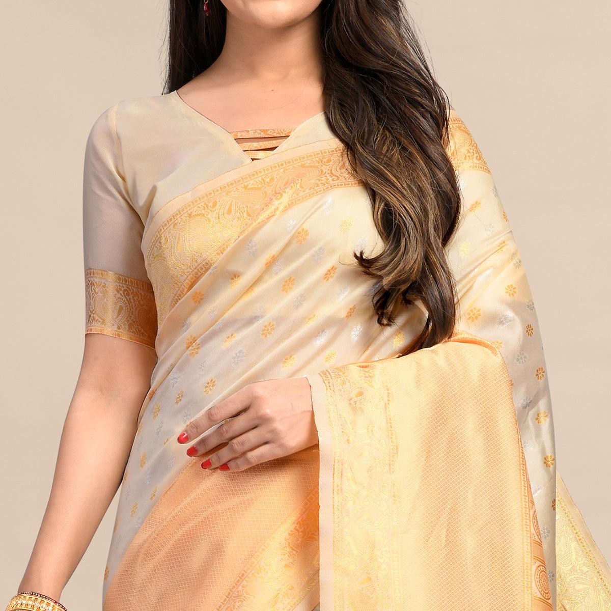 Cream Festive Wear Rich Woven Border Soft Banarasi Silk Saree