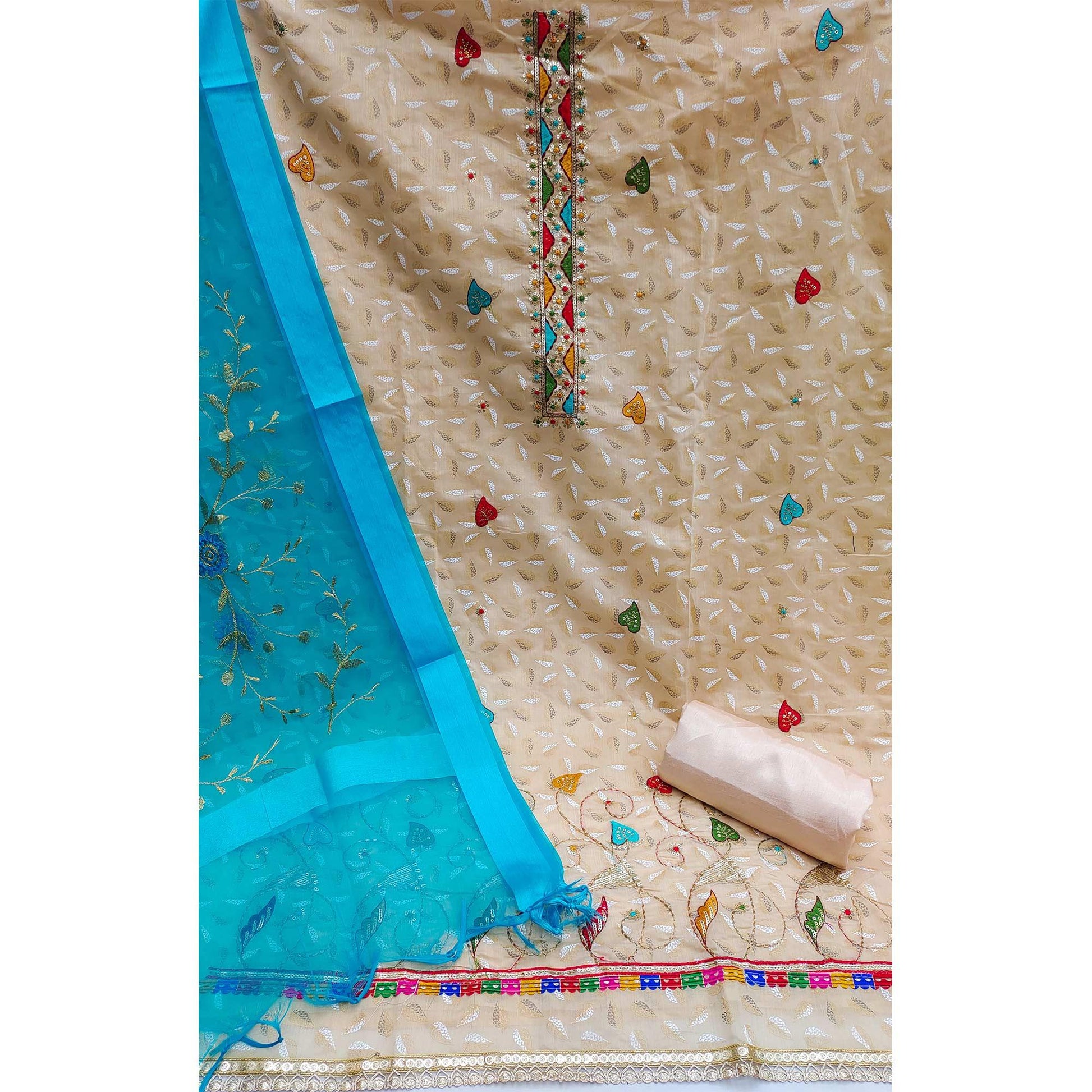 Cream Festive Wear Sequins Embroidered Chanderi Dress Material