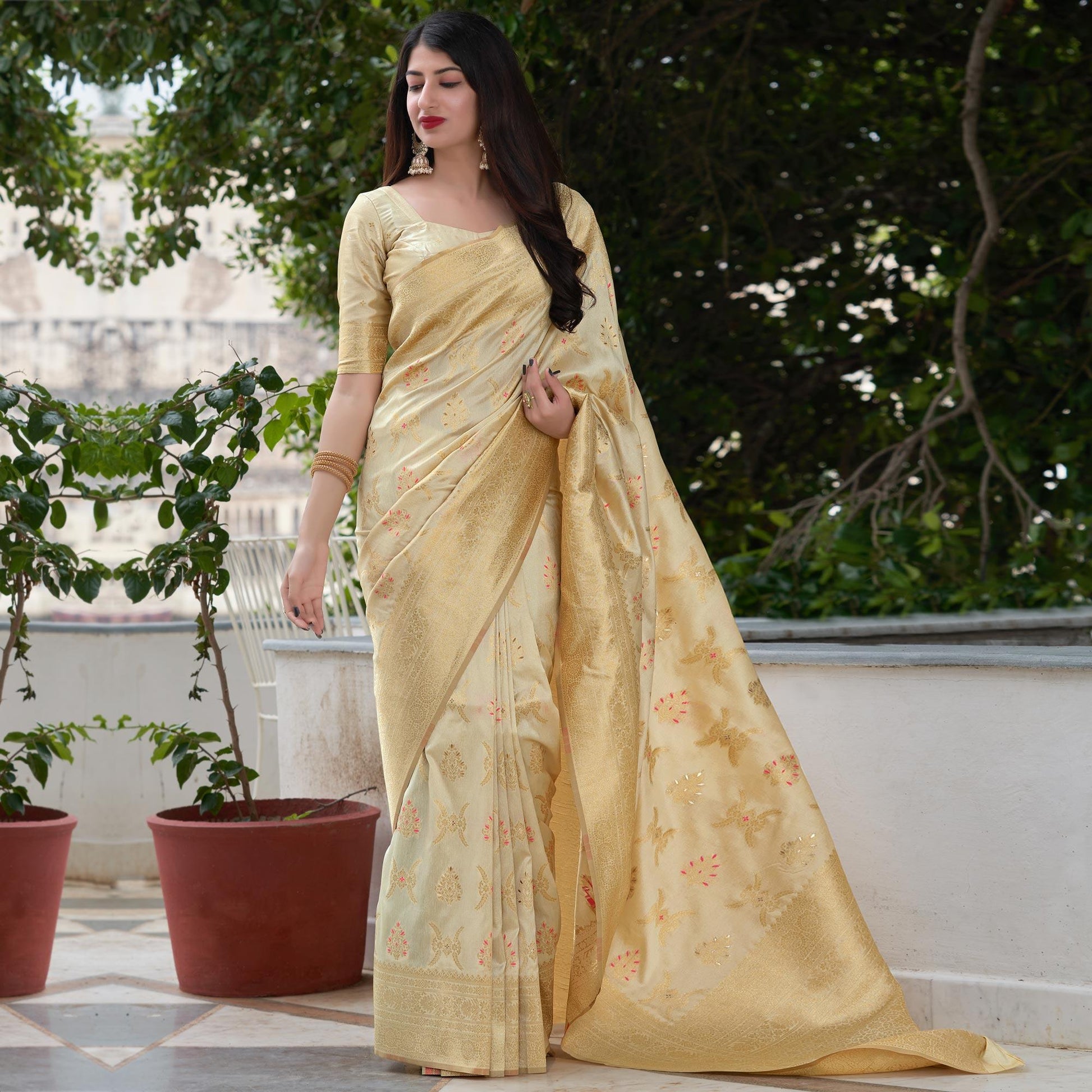 Cream Festive Wear Woven Banarasi Art Silk Saree