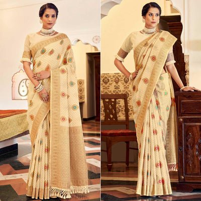 Cream Festive Wear Woven Banarasi Saree With Tassels