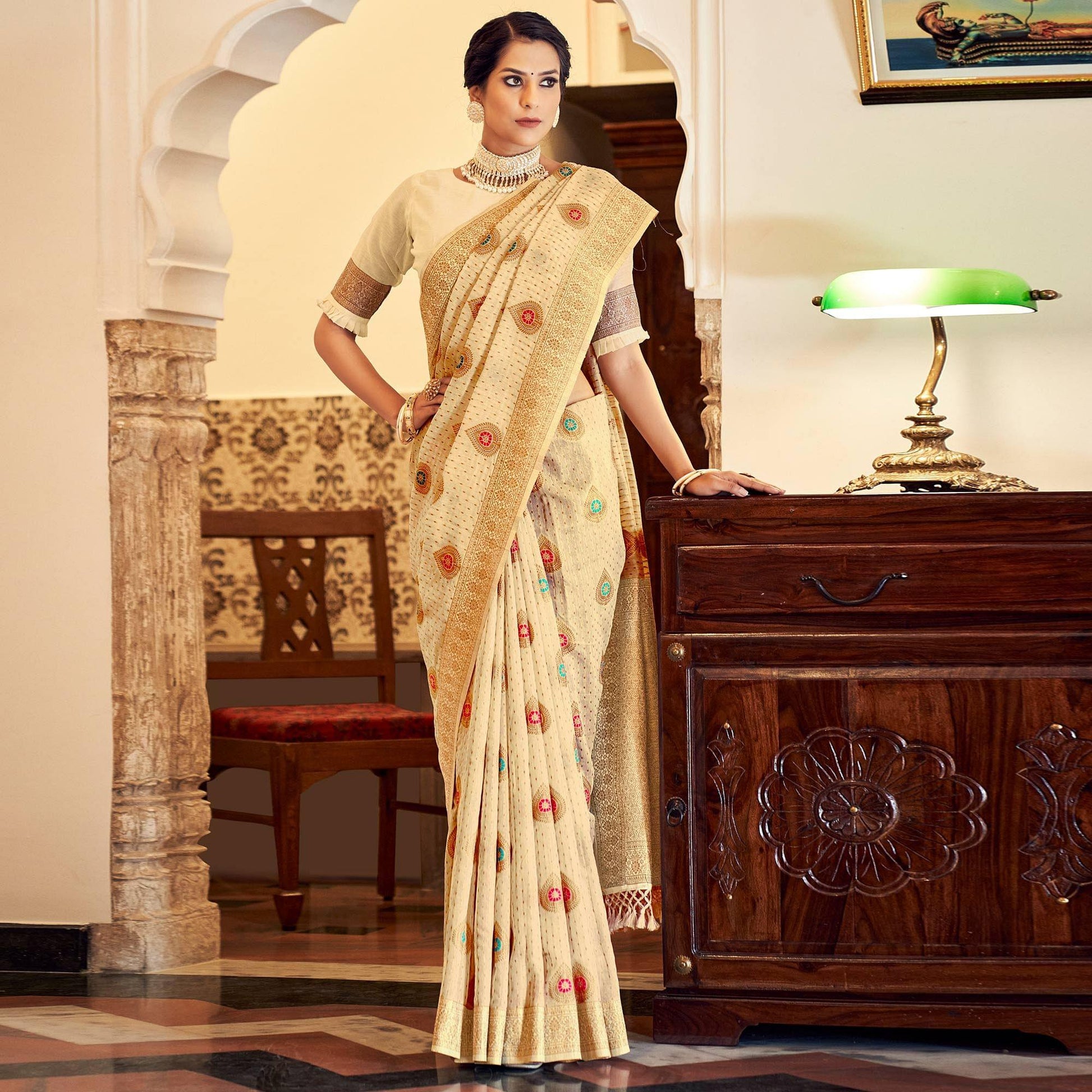Cream Festive Wear Woven Banarasi Saree With Tassels