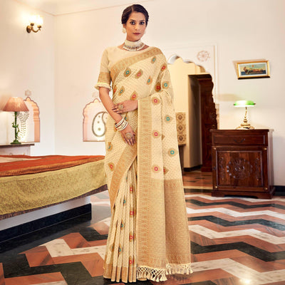 Cream Festive Wear Woven Banarasi Saree With Tassels