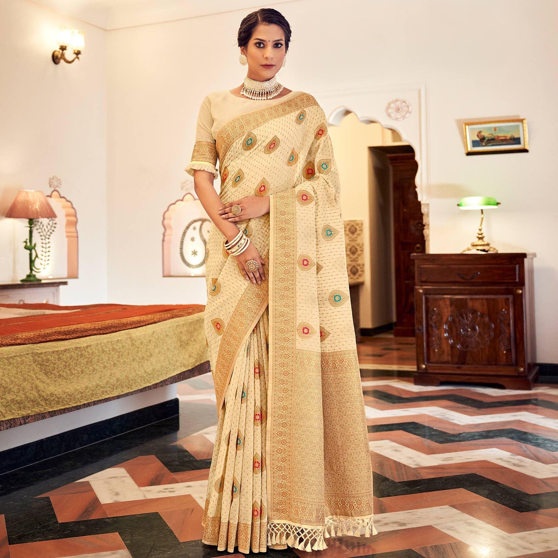 Cream Festive Wear Woven Banarasi Saree With Tassels